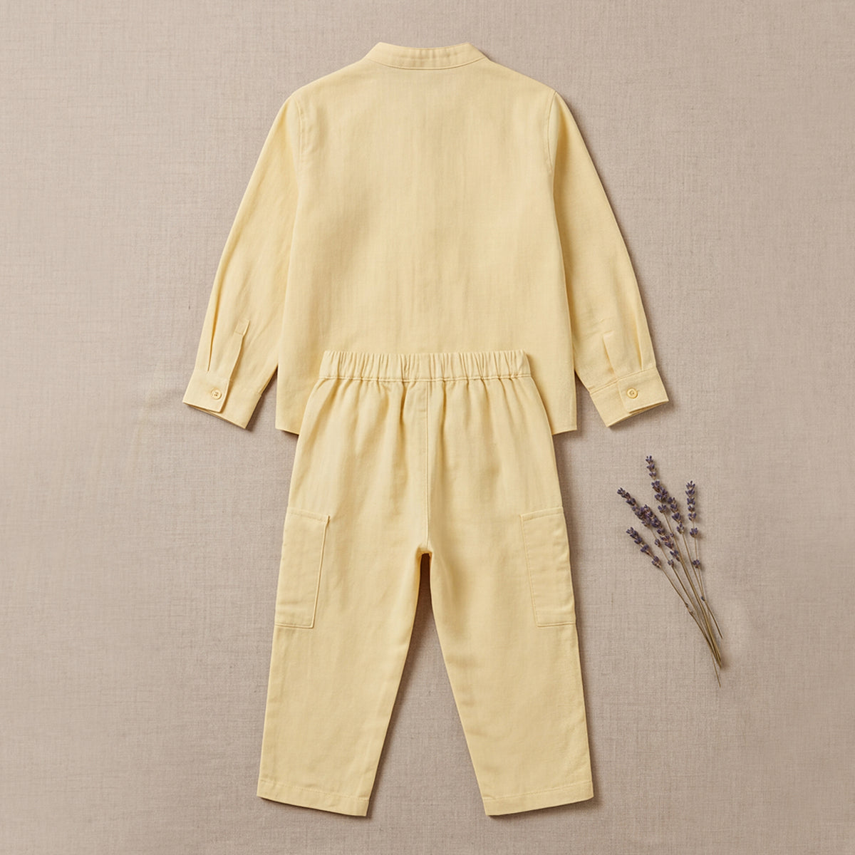 Boys Yellow Mandarin collar Shirt With Elasticated Pants Set