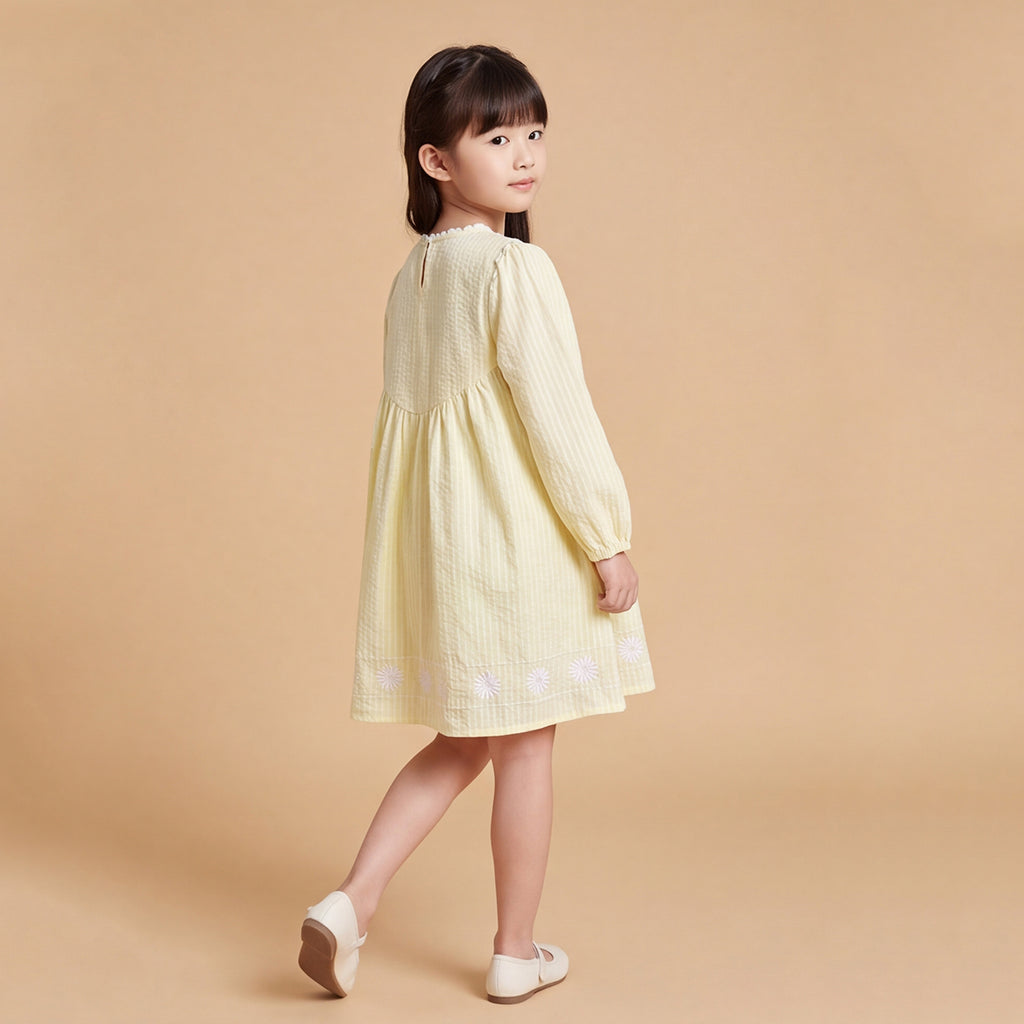 Girls Light Yellow Embroidered Long Sleeve A-Line Dress