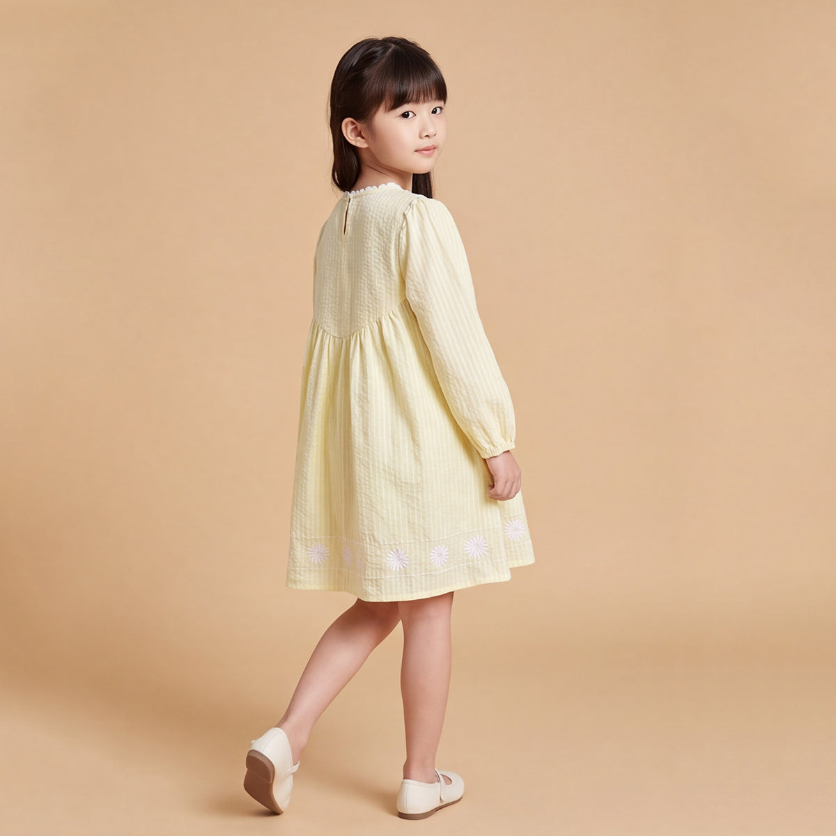 Girls Light Yellow Embroidered Long Sleeve A-Line Dress
