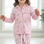 Girls Pink Cherry Printed Button-Down Long-Sleeve Shirt & Pants Nightwear Set