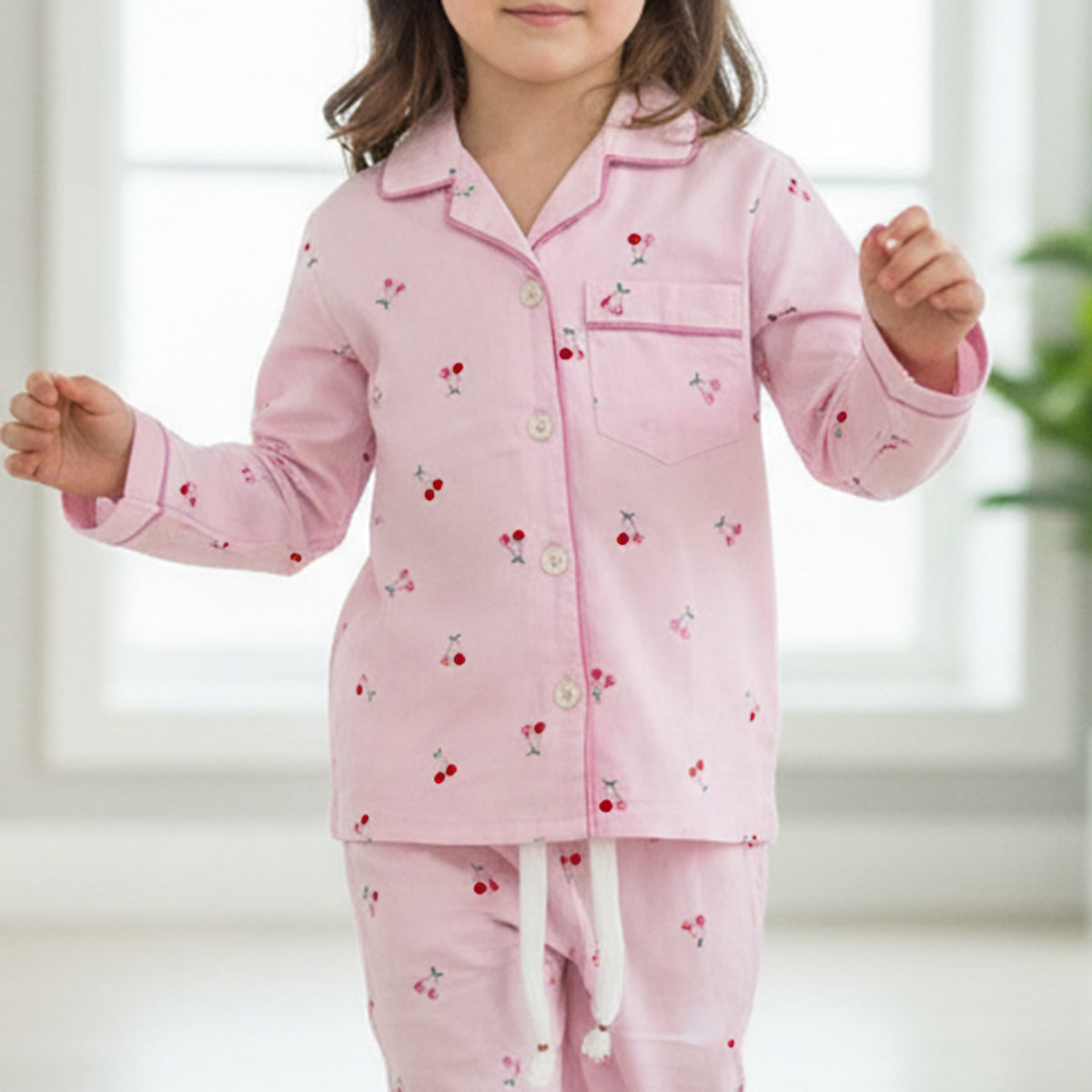 Girls Pink Cherry Printed Button-Down Long-Sleeve Shirt & Pants Nightwear Set