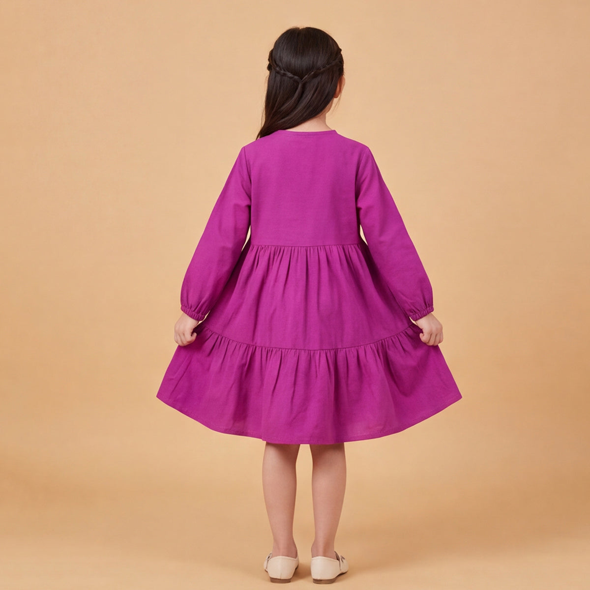 Girls Dark Pink Long Sleeve Corduroy Fit & Flare Dress