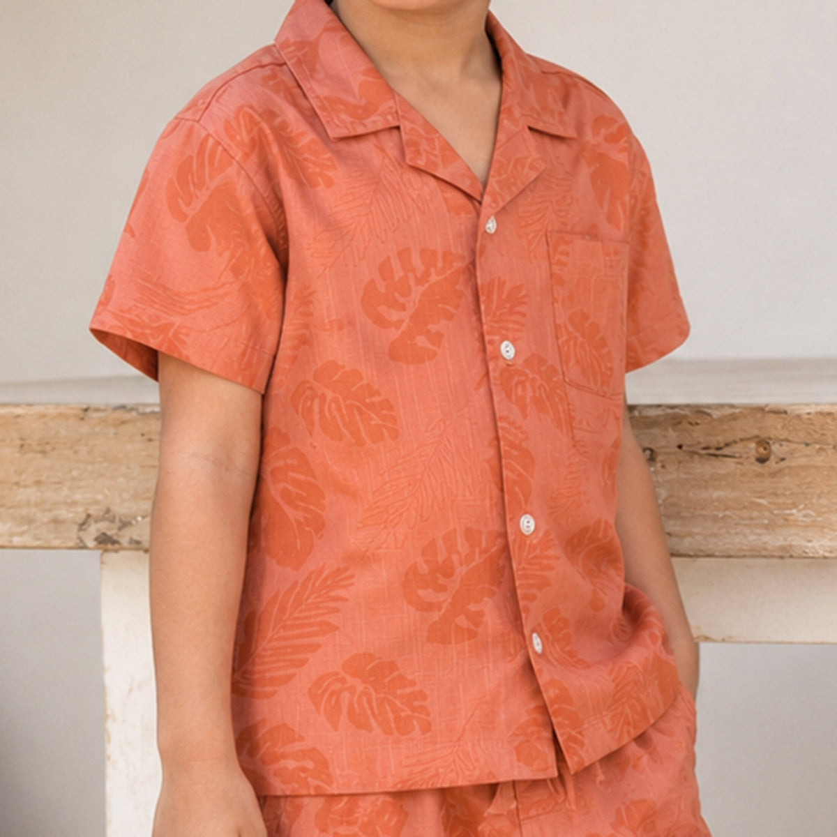 Boys Orange Short Sleeve Leaf Print Shirt With Drawcord Waist Shorts Sets