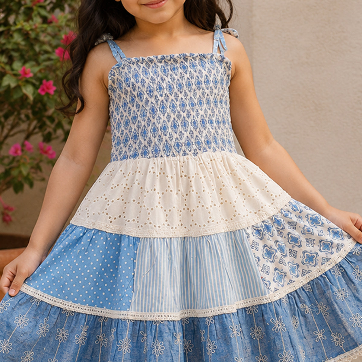 Girls Sleeveless Blue Smocked Cotton Layered Dress