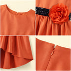 Girls Orange Floral Applique High Low Sleeveless Party Wear Dress