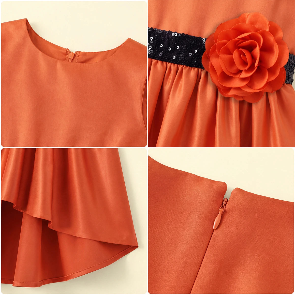Girls Orange Floral Applique High Low Sleeveless Party Wear Dress