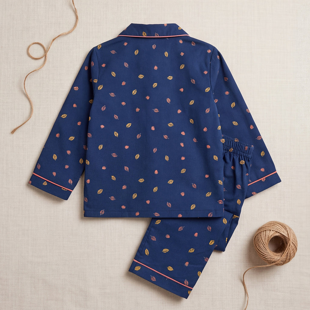 Boys Blue Leaf Printed Long Sleeve Shirt With Elasticated Pants Nightwear Sets