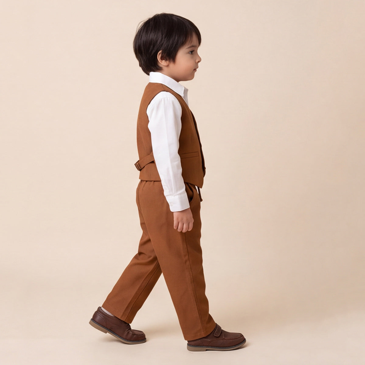 Toddler Boys Brown 3Pcs Outfit Set Shirt with Waist Coat and Pants Suit