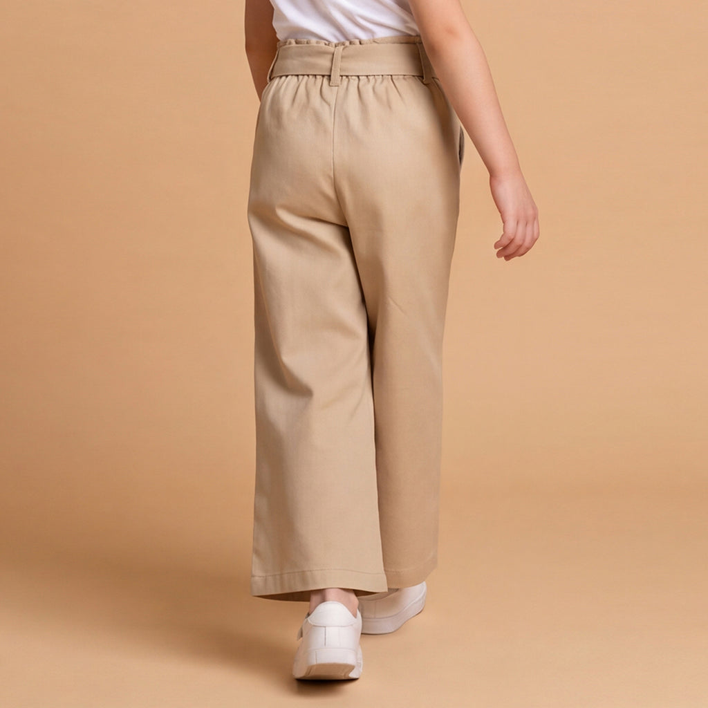 Girls Khaki Elasticated Trouser With Fabric Belt