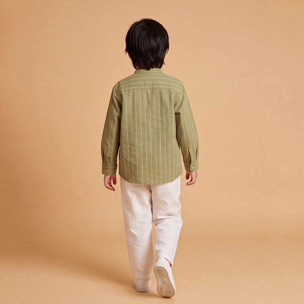 Boys Green Long Sleeve Stripes Shirt With Elasticated Trousers Set
