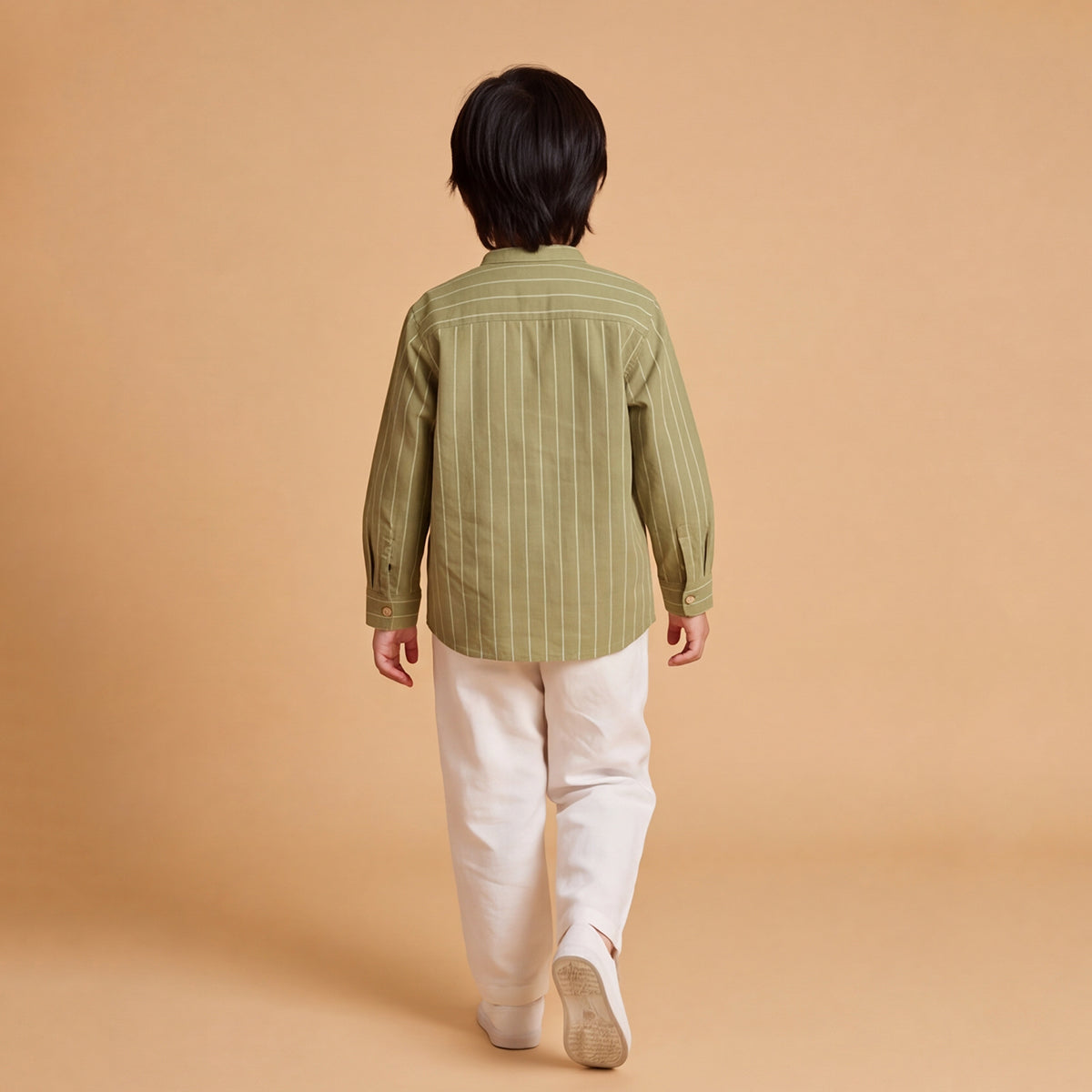 Boys Green Long Sleeve Stripes Shirt With Elasticated Trousers Set