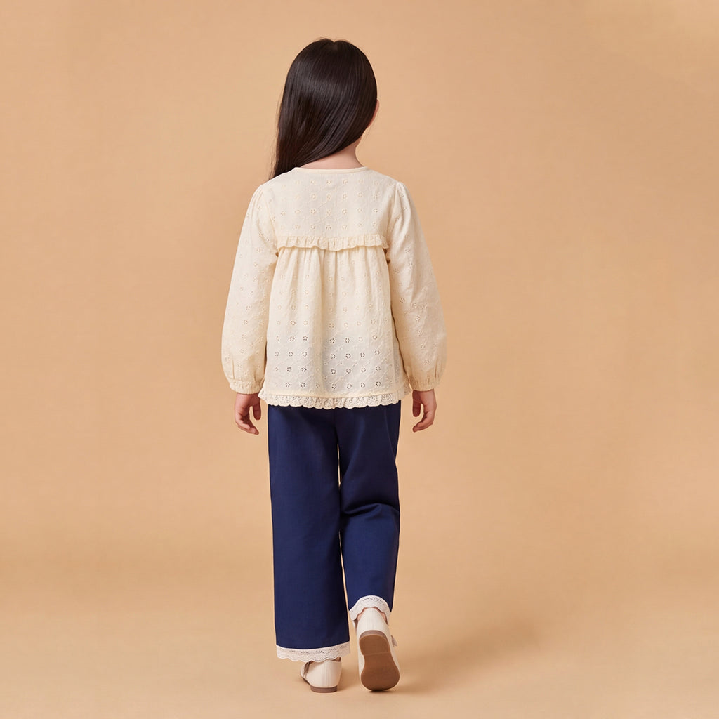 Girls Off White Embroidered Long Sleeve Top With Pants Sets