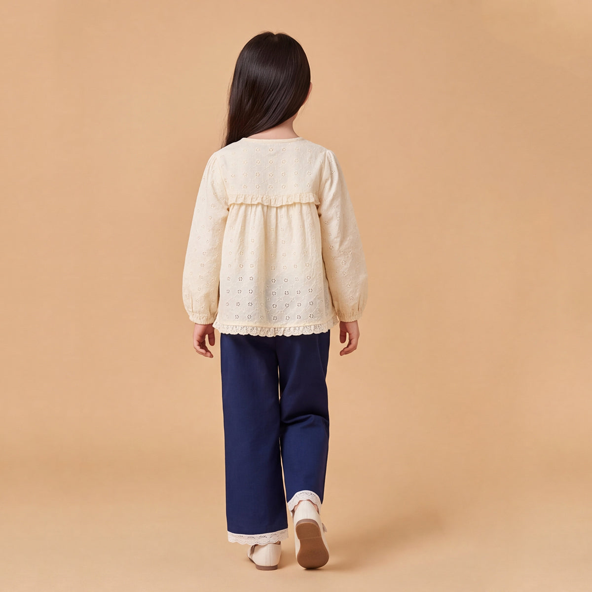 Girls Off White Embroidered Long Sleeve Top With Pants Sets