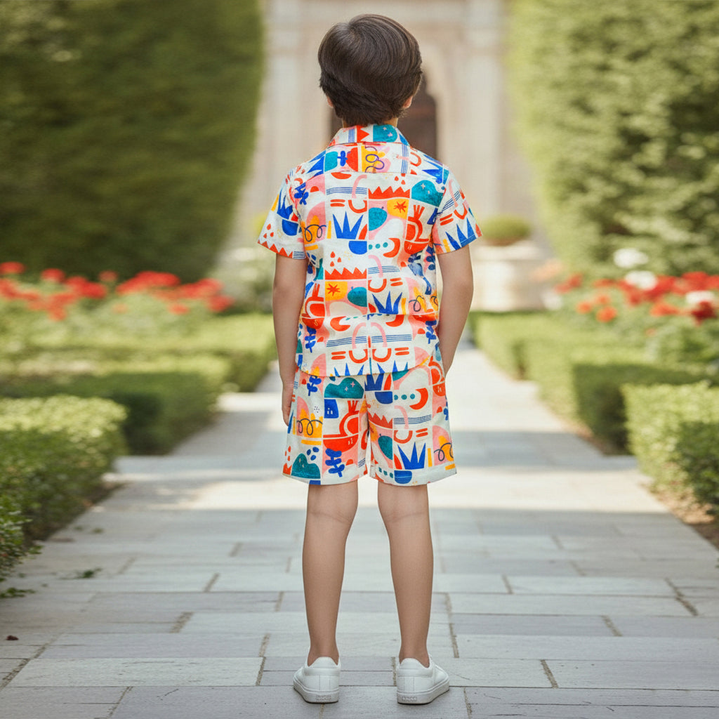 Boys Multicolour Short Sleeve Printed Shirt With Drawcord Waist Shorts Sets