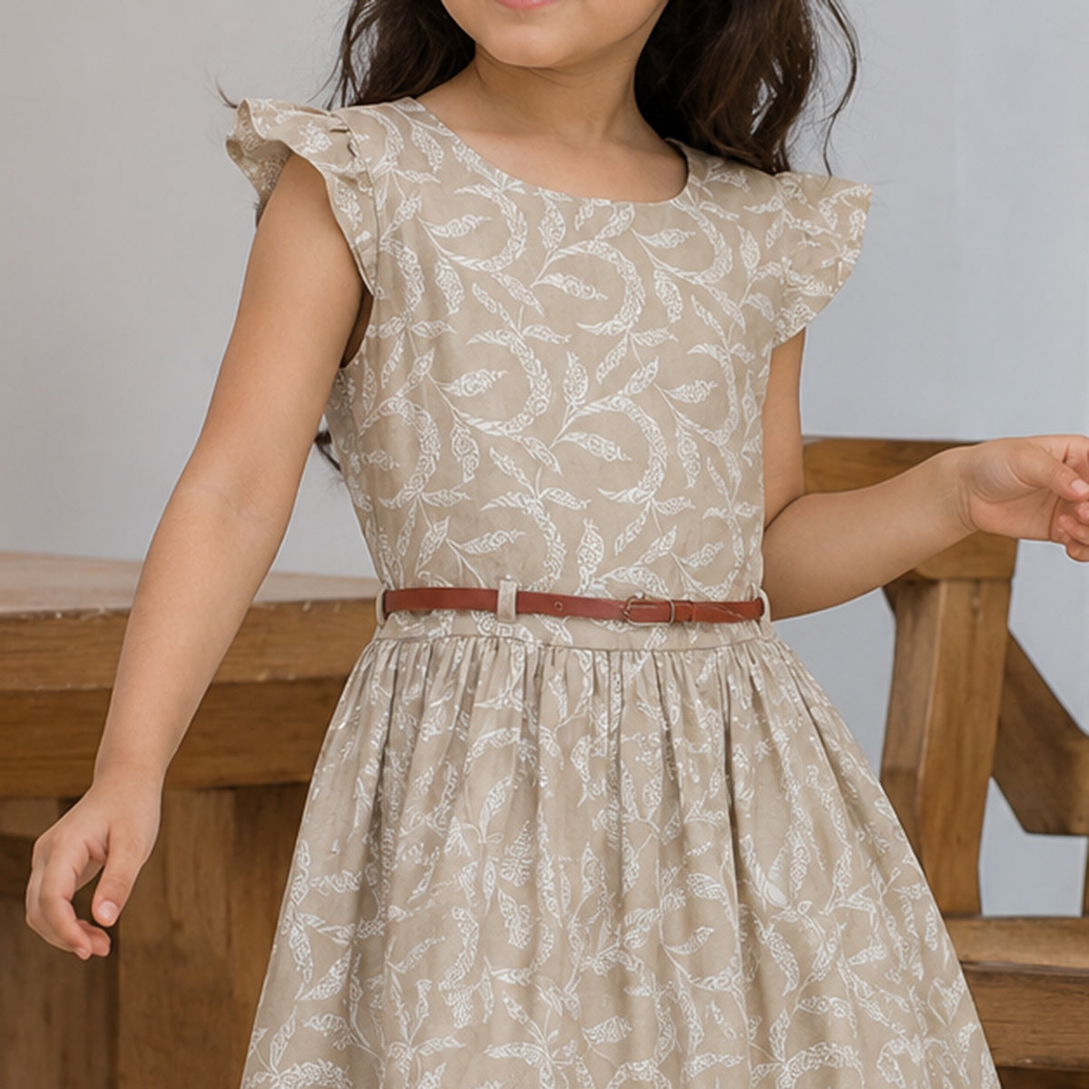 Girls Light Brown Flying Sleeve Fit & Flare Dress With PU Belt