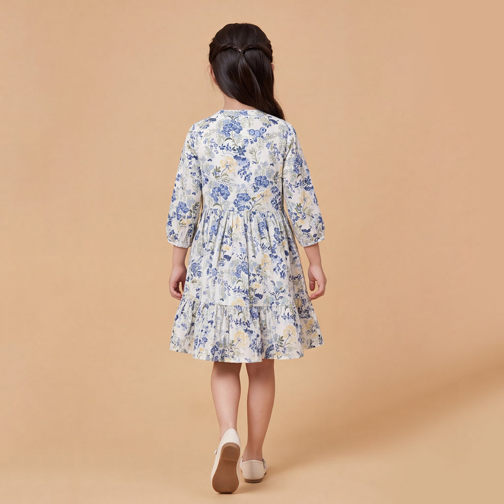 Girls Navy Floral Printed Long Sleeve Dress