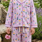 Girls Lilac Flower Print Button-Down Long-Sleeve Shirt & Pants Nightwear Set