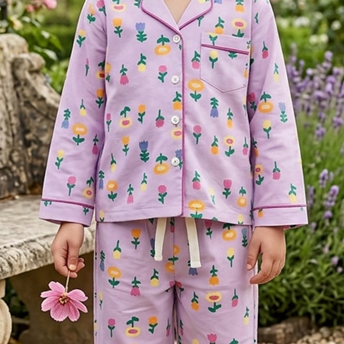 Girls Lilac Flower Print Button-Down Long-Sleeve Shirt & Pants Nightwear Set