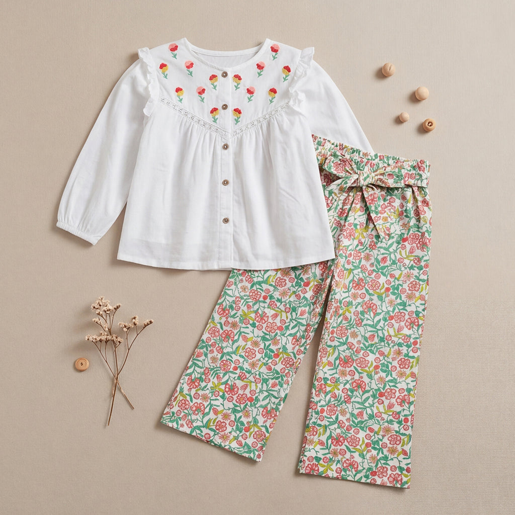Girls White Swiss Dot Embroidered Top With Printed Trousers Set