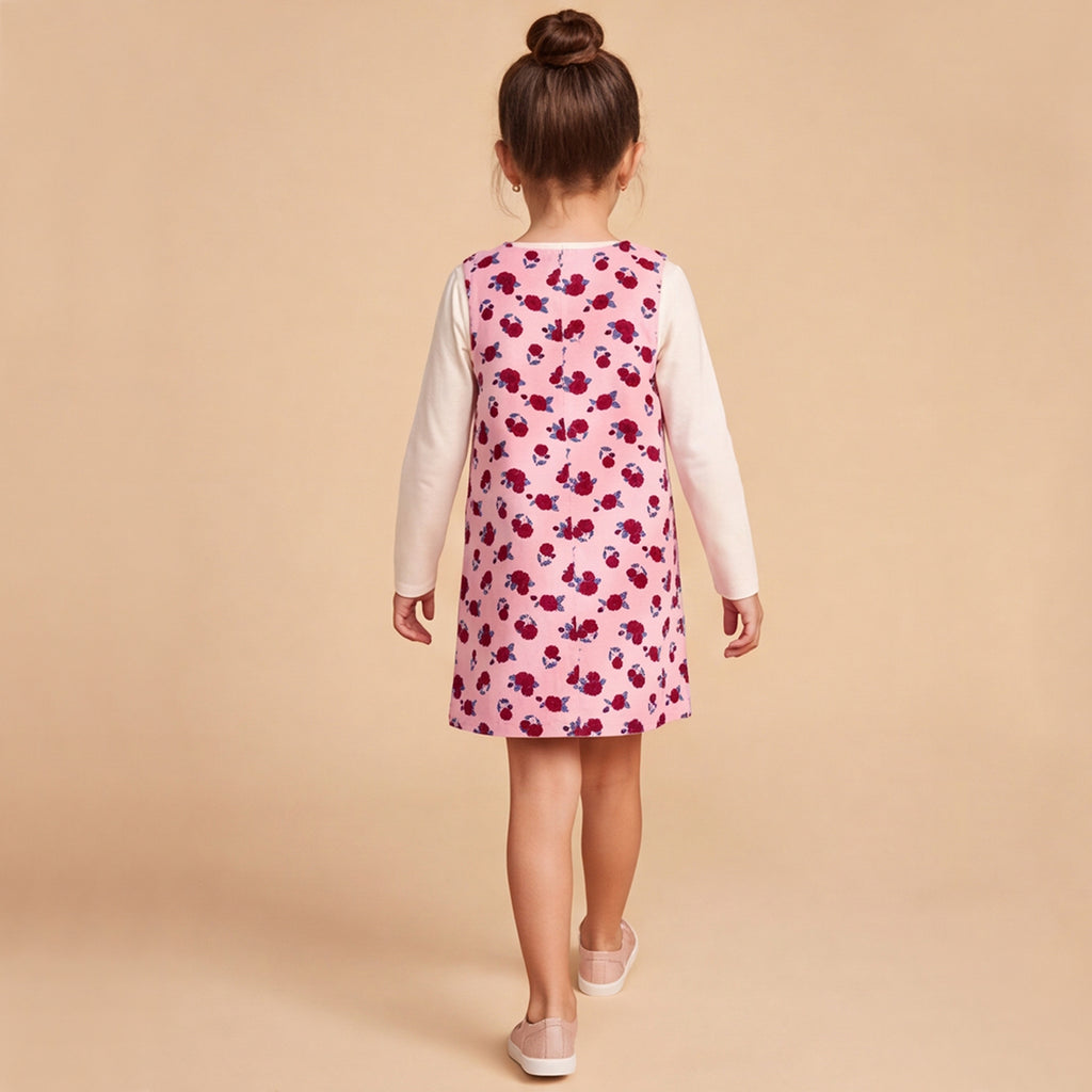 Girls Flower Printed A-Line Dress With Knitted T-Shirt