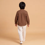 Boys Brown Long Sleeve Stripes Shirt With Elasticated Trousers Set