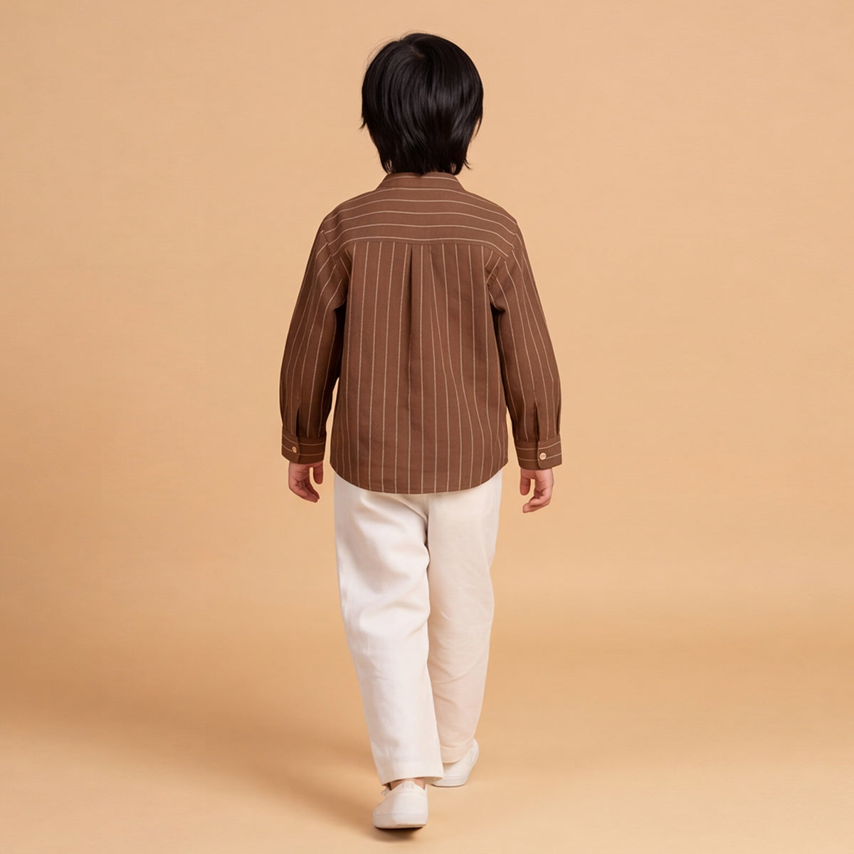 Boys Brown Long Sleeve Stripes Shirt With Elasticated Trousers Set