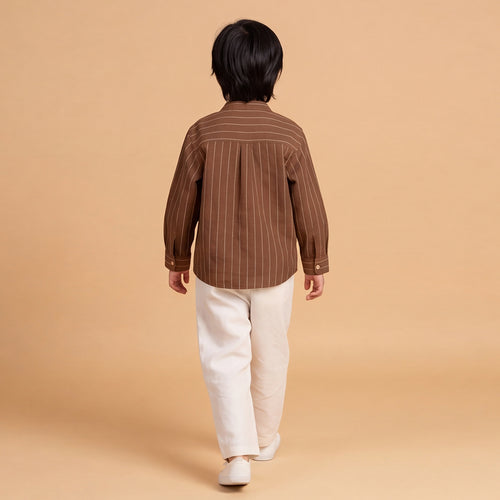 Boys Brown Long Sleeve Stripes Shirt With Elasticated Trousers Set