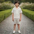 Boys Beige Short Sleeve Shirt With Drawcord Waist Shorts Sets