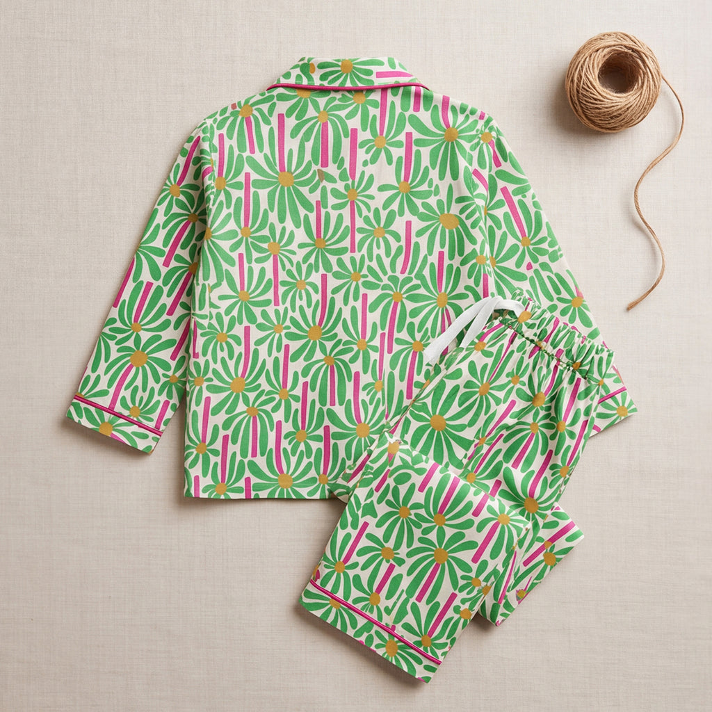 Girls Green Floral Printed Long Sleeve Shirt With Elasticated Pants Nightwear Sets