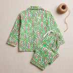 Girls Green Floral Printed Long Sleeve Shirt With Elasticated Pants Nightwear Sets