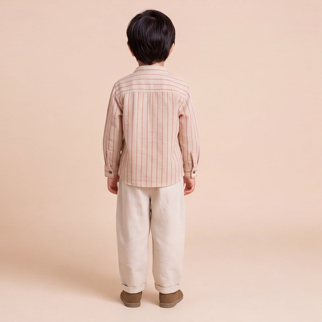 Boys Khaki Mandarin Collar Striped Shirt & Elasticated Trouser Set