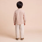 Boys Khaki Mandarin Collar Striped Shirt & Elasticated Trouser Set