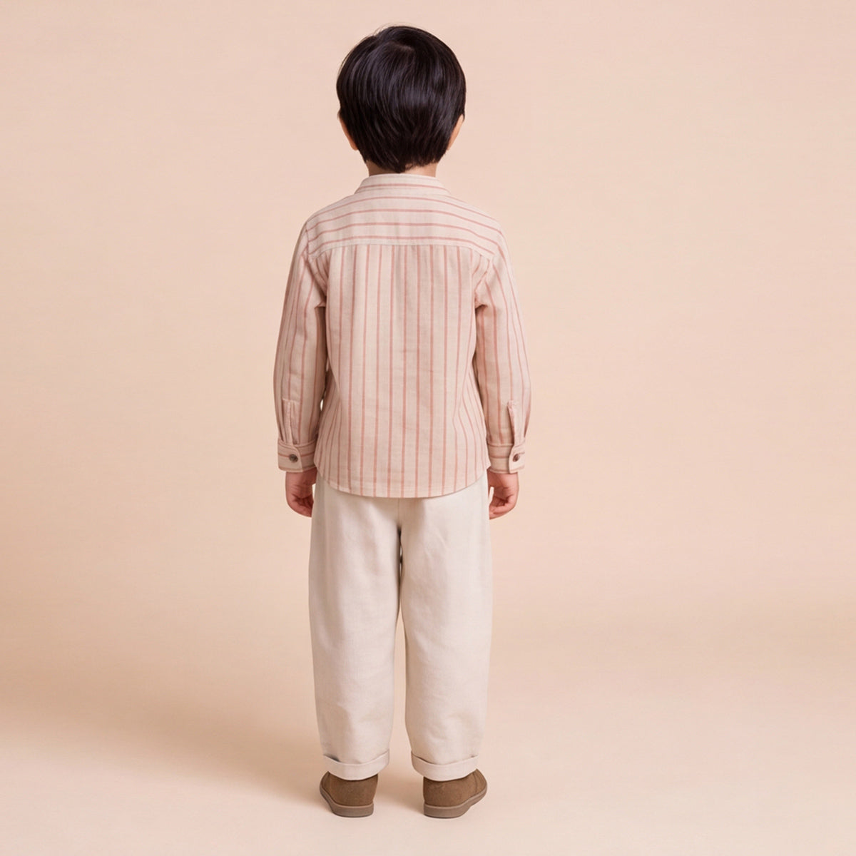 Boys Khaki Mandarin Collar Striped Shirt & Elasticated Trouser Set