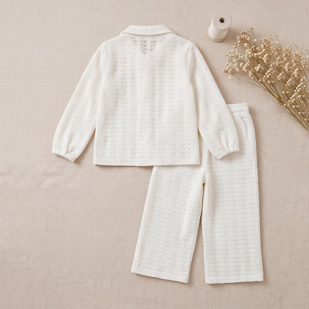 Girls White Textured Long Sleeve Shirt With Elasticated Trousers Set