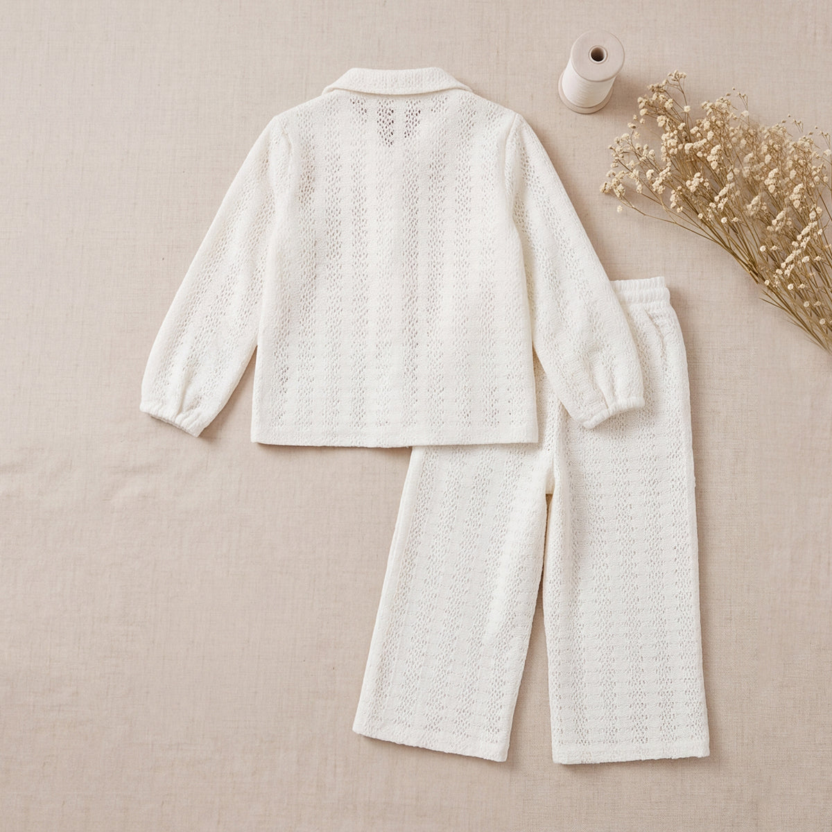 Girls White Textured Long Sleeve Shirt With Elasticated Trousers Set