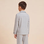 Boys White Striped Pajama Set: Long Sleeve Shirt and Elasticated Pants Sleepwear
