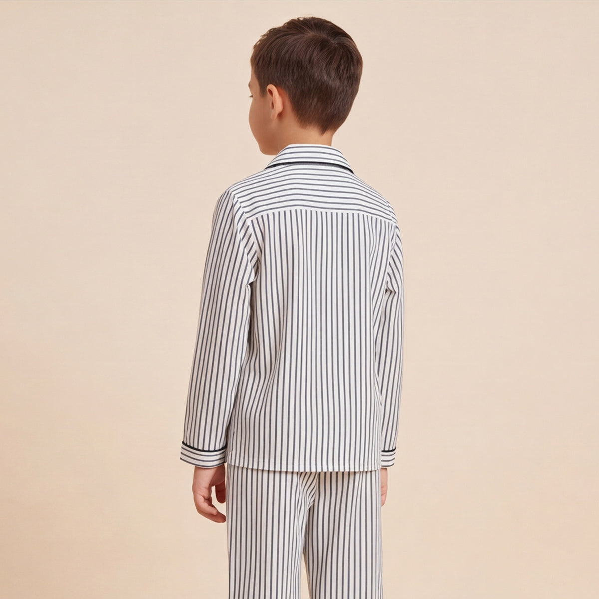 Boys White Striped Pajama Set: Long Sleeve Shirt and Elasticated Pants Sleepwear
