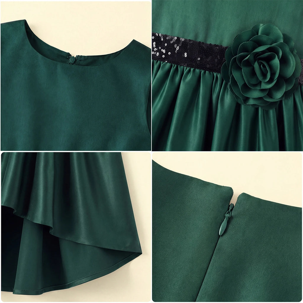 Girls Dark Green Floral Applique High Low Sleeveless Party Wear Dress