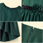 Girls Dark Green Floral Applique High Low Sleeveless Party Wear Dress