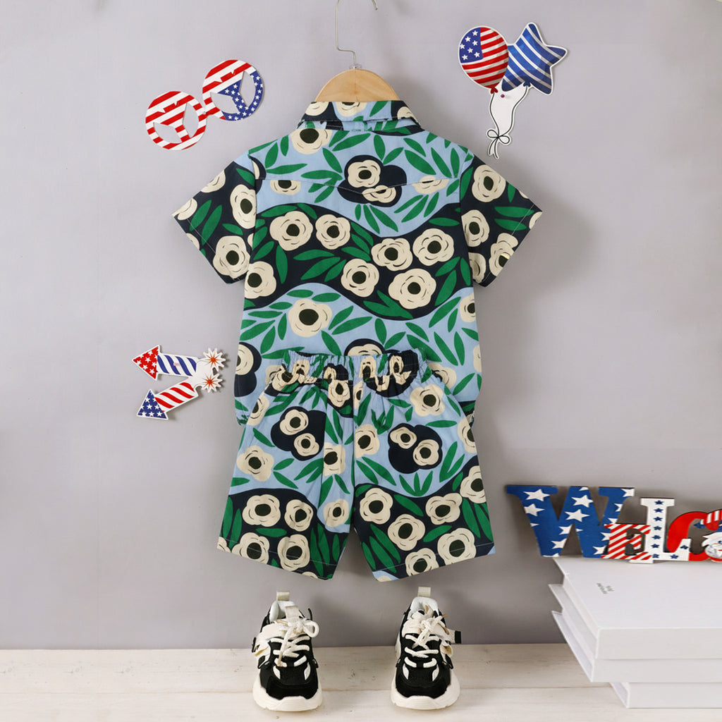 Boys Green Printed Short Sleeve Shirt With Elasticated Shorts Co-ord Set
