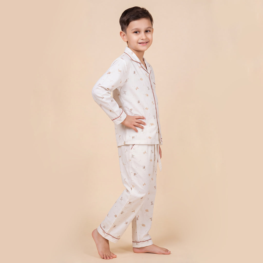 Boys White Pajama Set: Long Sleeve Shirt and Elasticated Pants Sleepwear