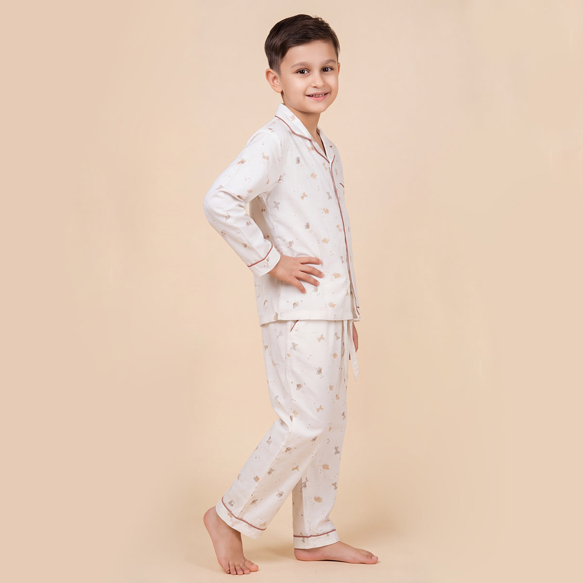 Boys White Pajama Set: Long Sleeve Shirt and Elasticated Pants Sleepwear