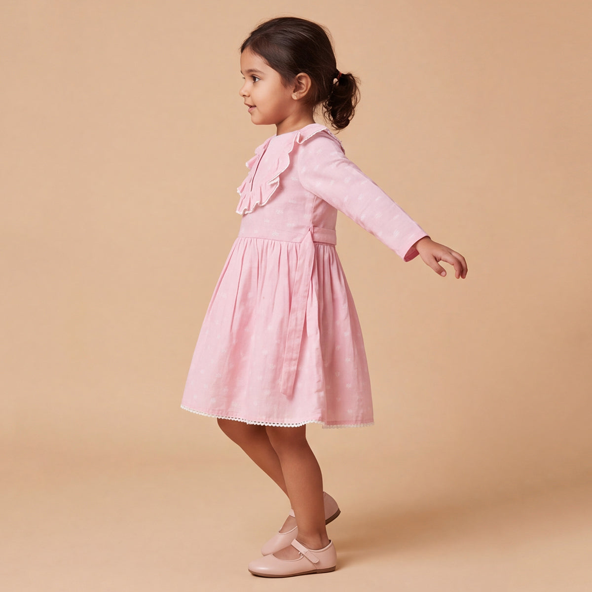 Girls Pink Printed Long Sleeve Dress