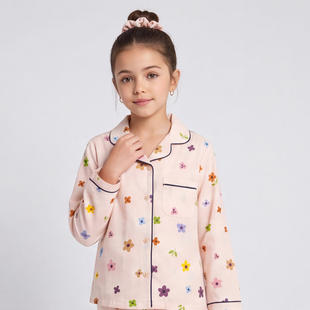 Girls Pink 3Pcs Pajama Set: Long Sleeve Shirt, Pajamas and Matching Stretched Hair Band