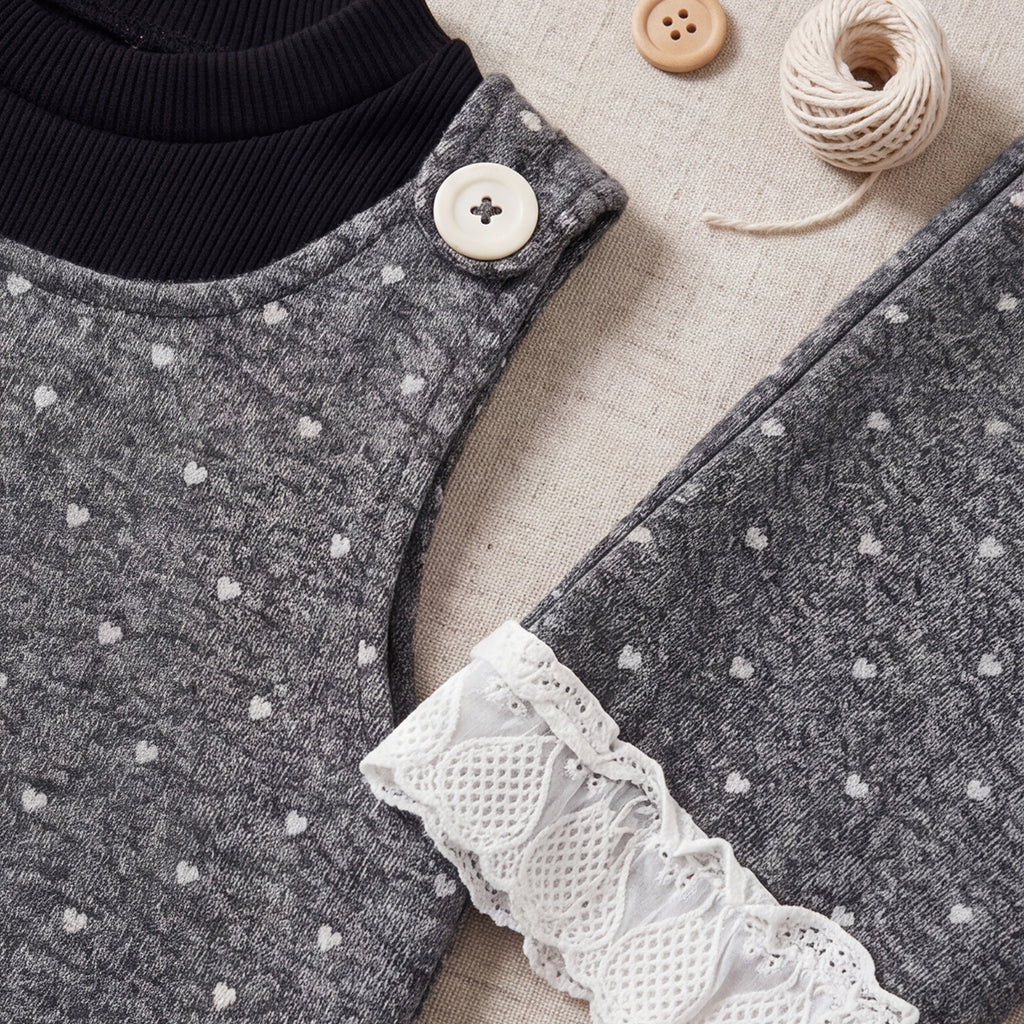 Girls Grey Polka Dot Printed Top With Long Sleeve T-Shirt And Trouser Set