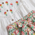 Girls White Swiss Dot Embroidered Top With Printed Trousers Set