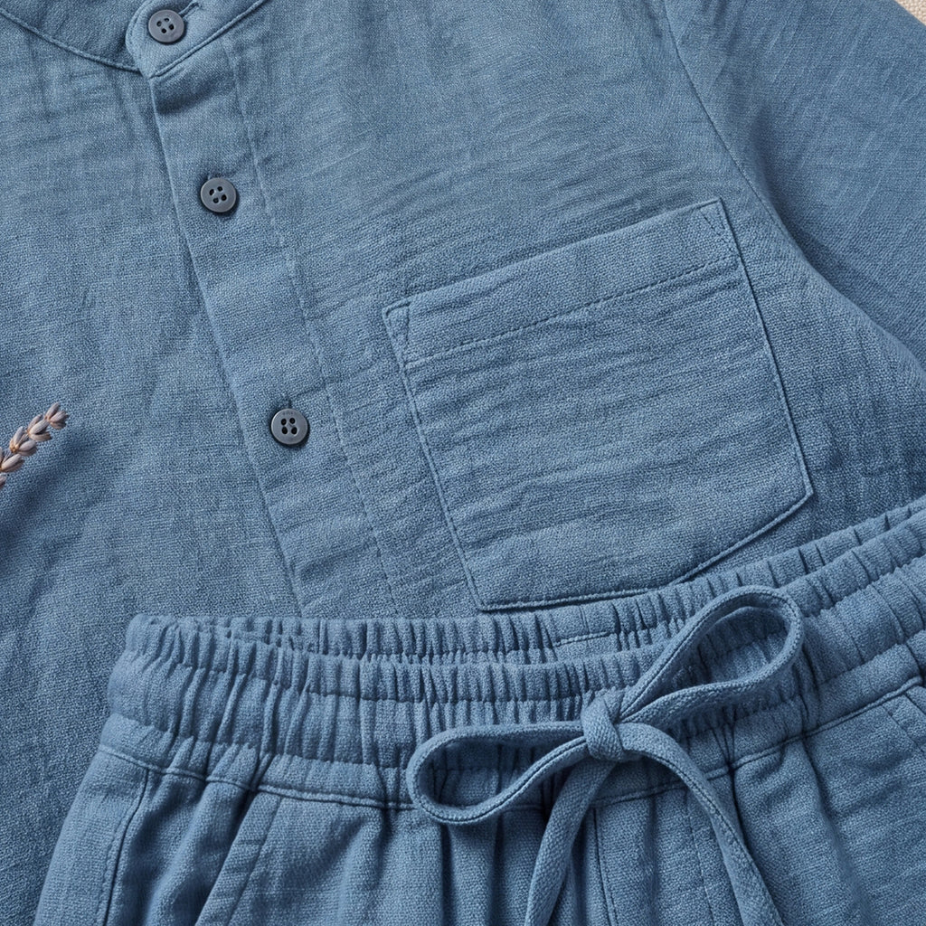 Boys Blue Mandarin collar Shirt With Elasticated Pants Set