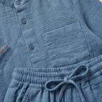 Boys Blue Mandarin collar Shirt With Elasticated Pants Set