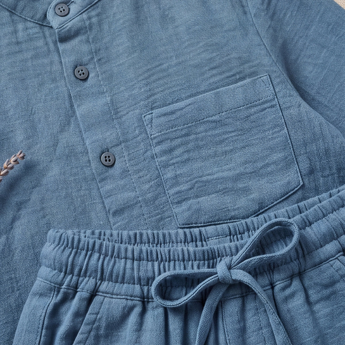 Boys Blue Mandarin collar Shirt With Elasticated Pants Set