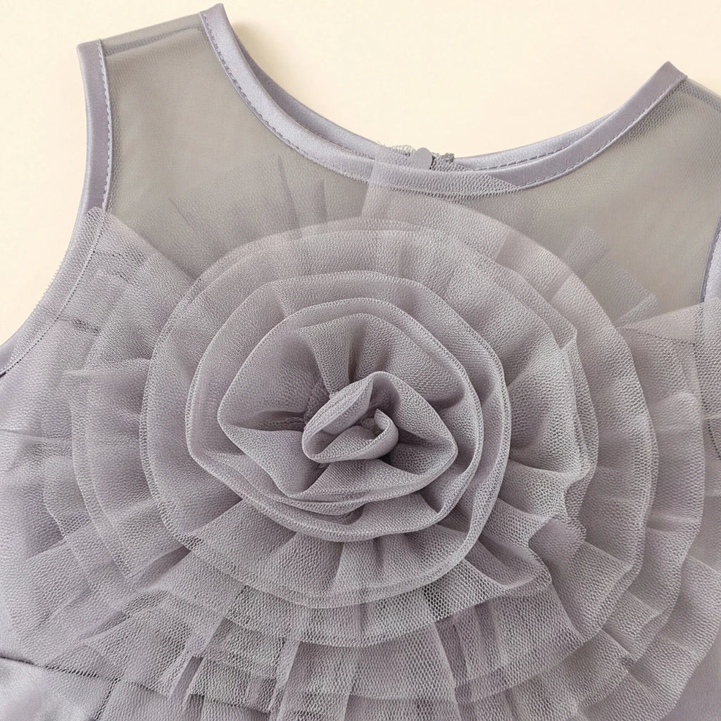 Girls Grey Floral Applique High Low Sleeveless Party Wear Dress